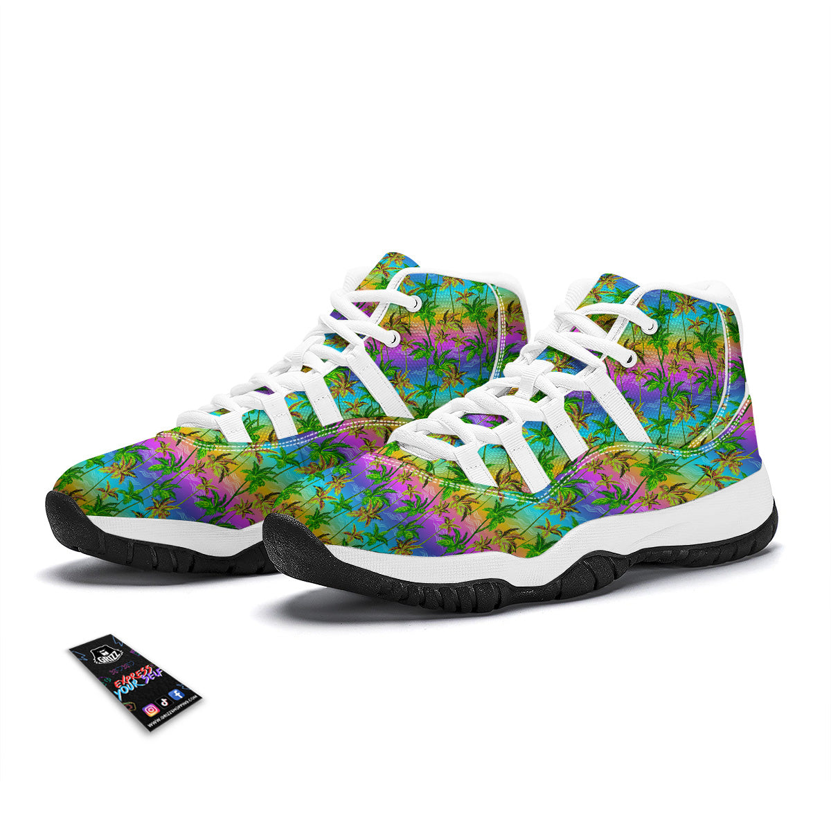 Neon Palm Tree Print Pattern White Bball Shoes-grizzshop