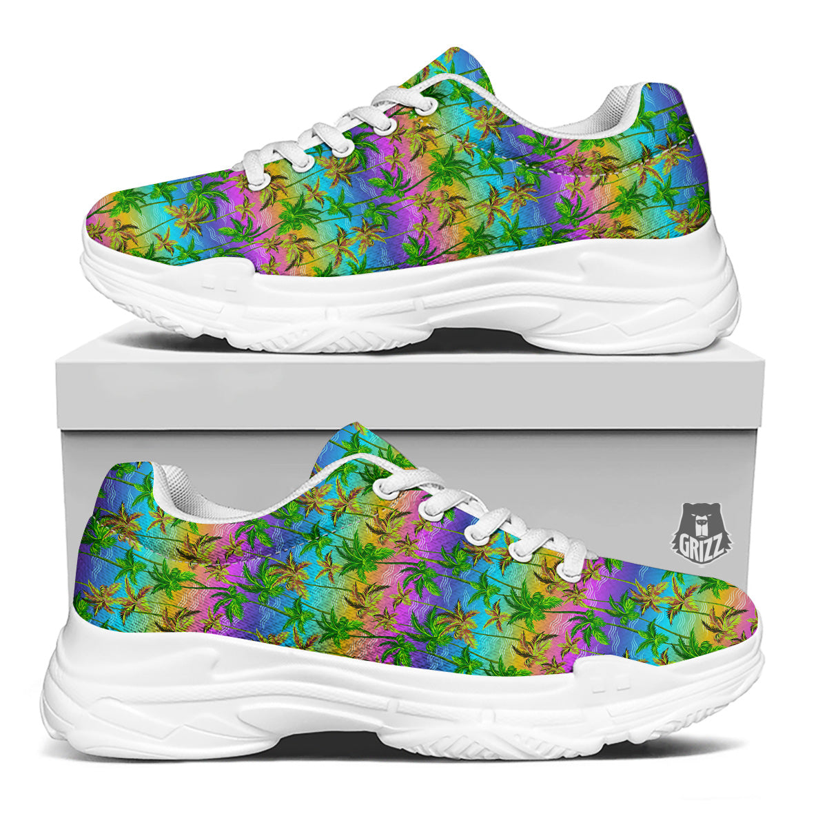 Neon Palm Tree Print Pattern White Chunky Shoes-grizzshop