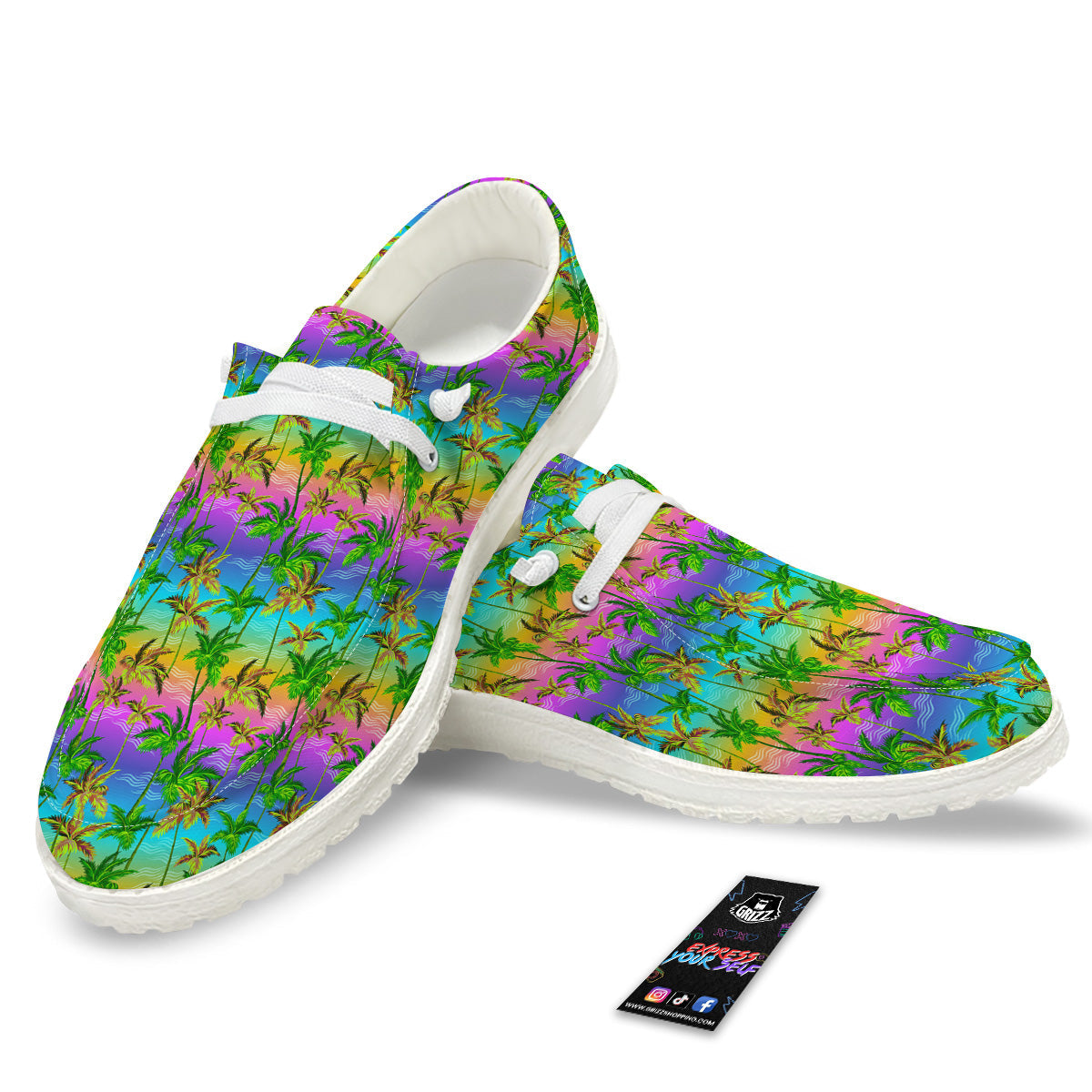 Neon Palm Tree Print Pattern White Loafers-grizzshop