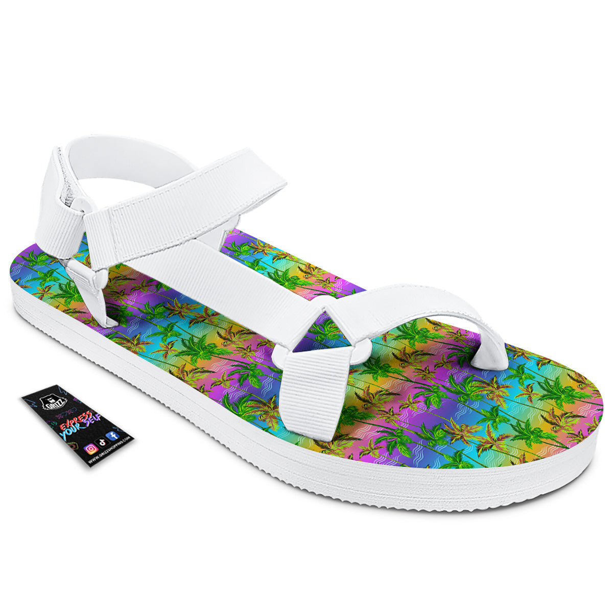 Neon Palm Tree Print Pattern White Open Toe Sandals-grizzshop
