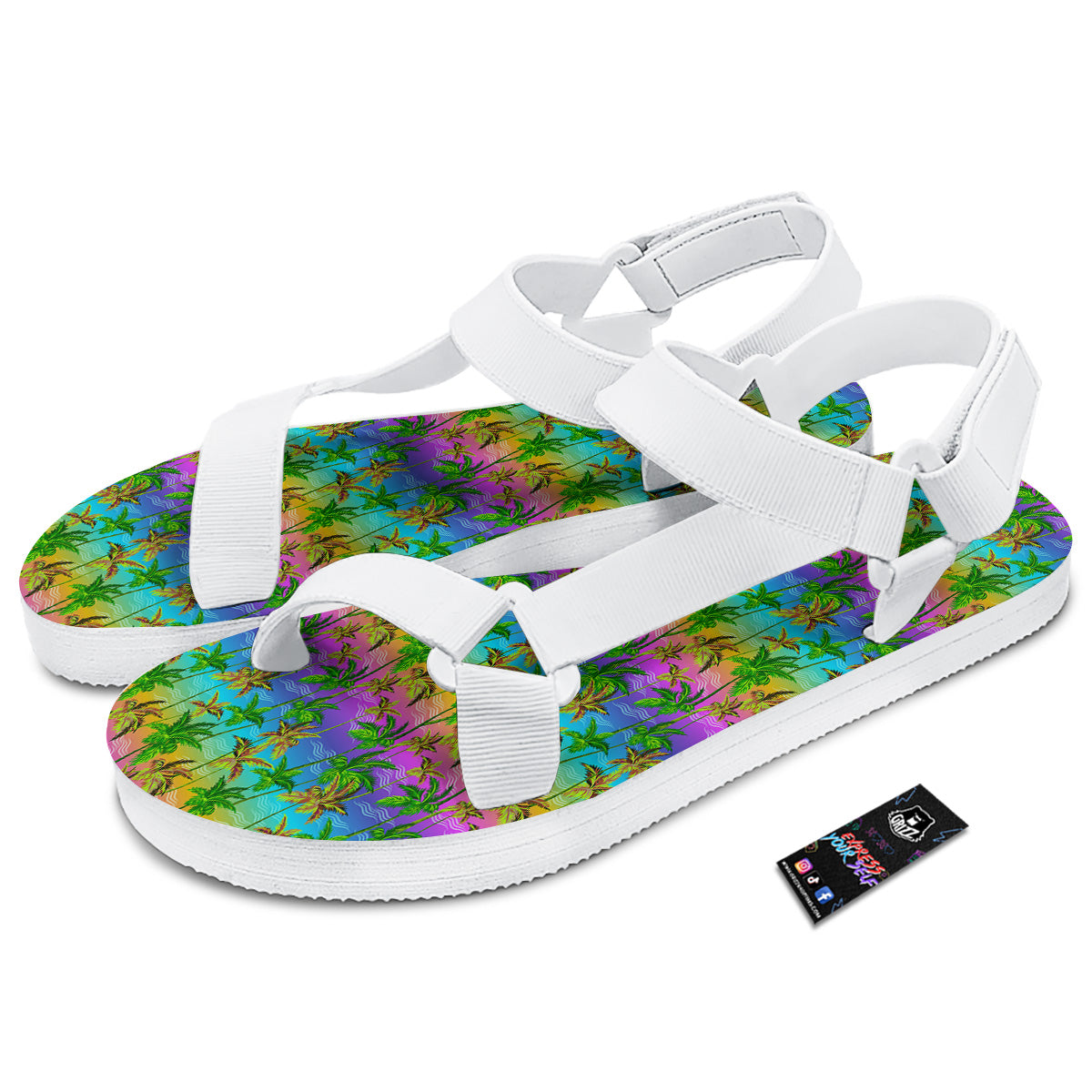 Neon Palm Tree Print Pattern White Open Toe Sandals-grizzshop