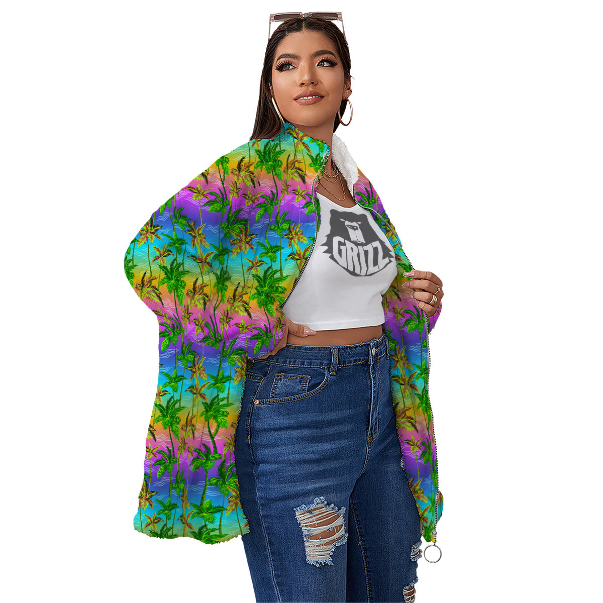 Neon Palm Tree Print Pattern Women's Sherpa Jacket-grizzshop