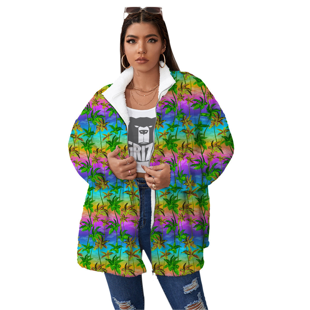 Neon Palm Tree Print Pattern Women's Sherpa Jacket-grizzshop