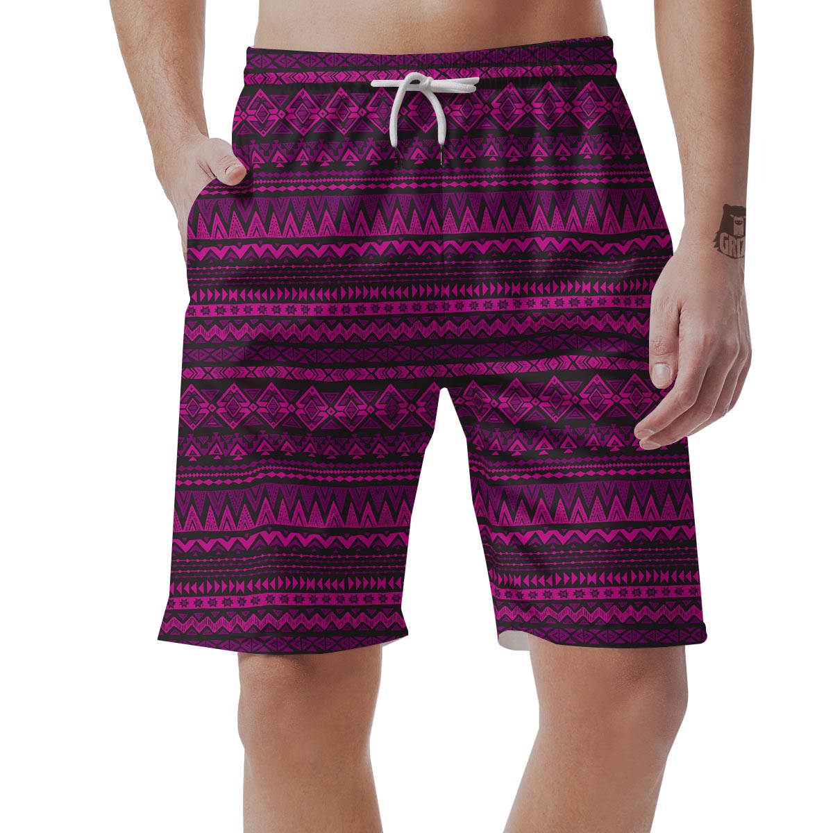 Neon Pink Ethic Aztec Print Men's Shorts-grizzshop