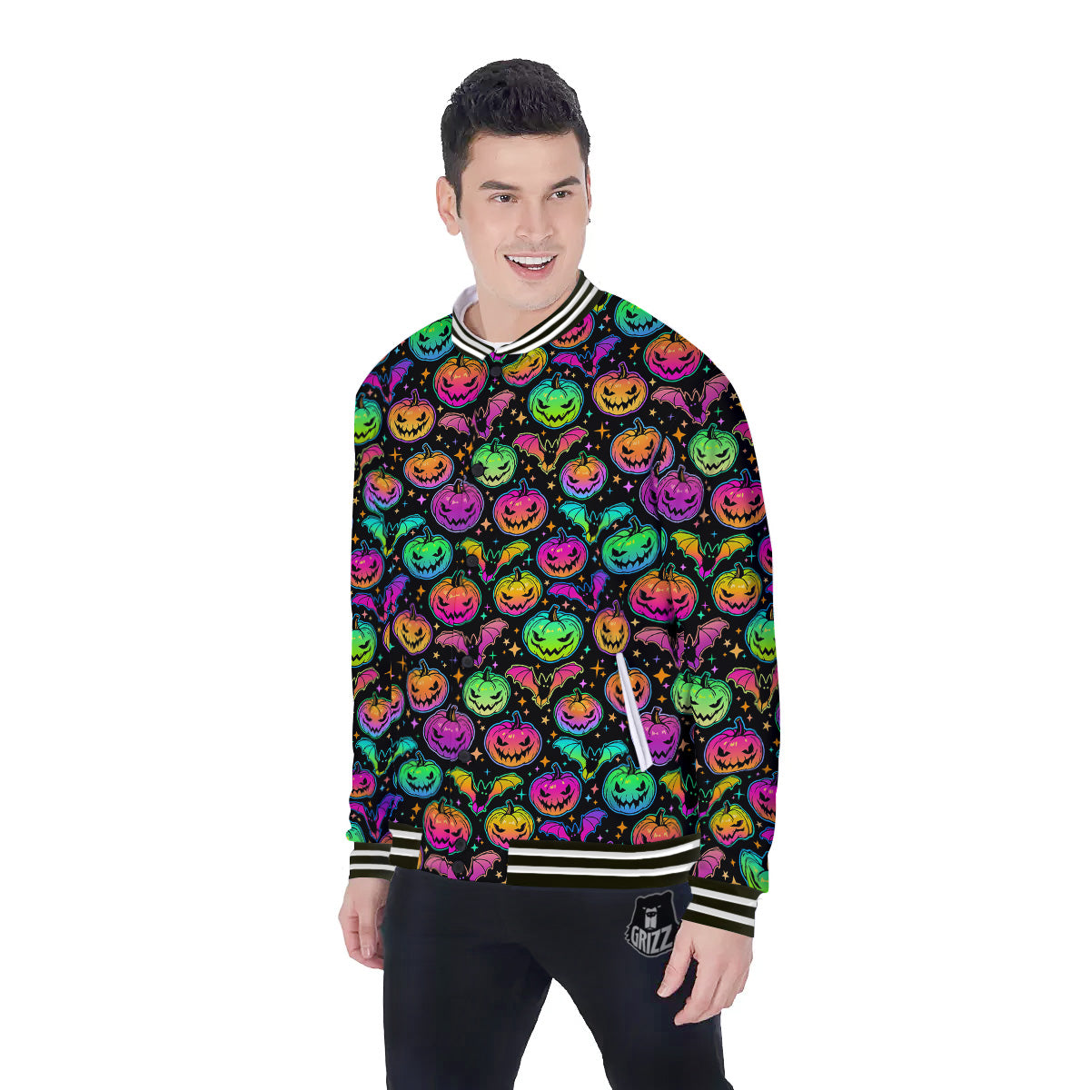 Neon Pumpkins And Bat Halloween Print Pattern Baseball Jacket-grizzshop