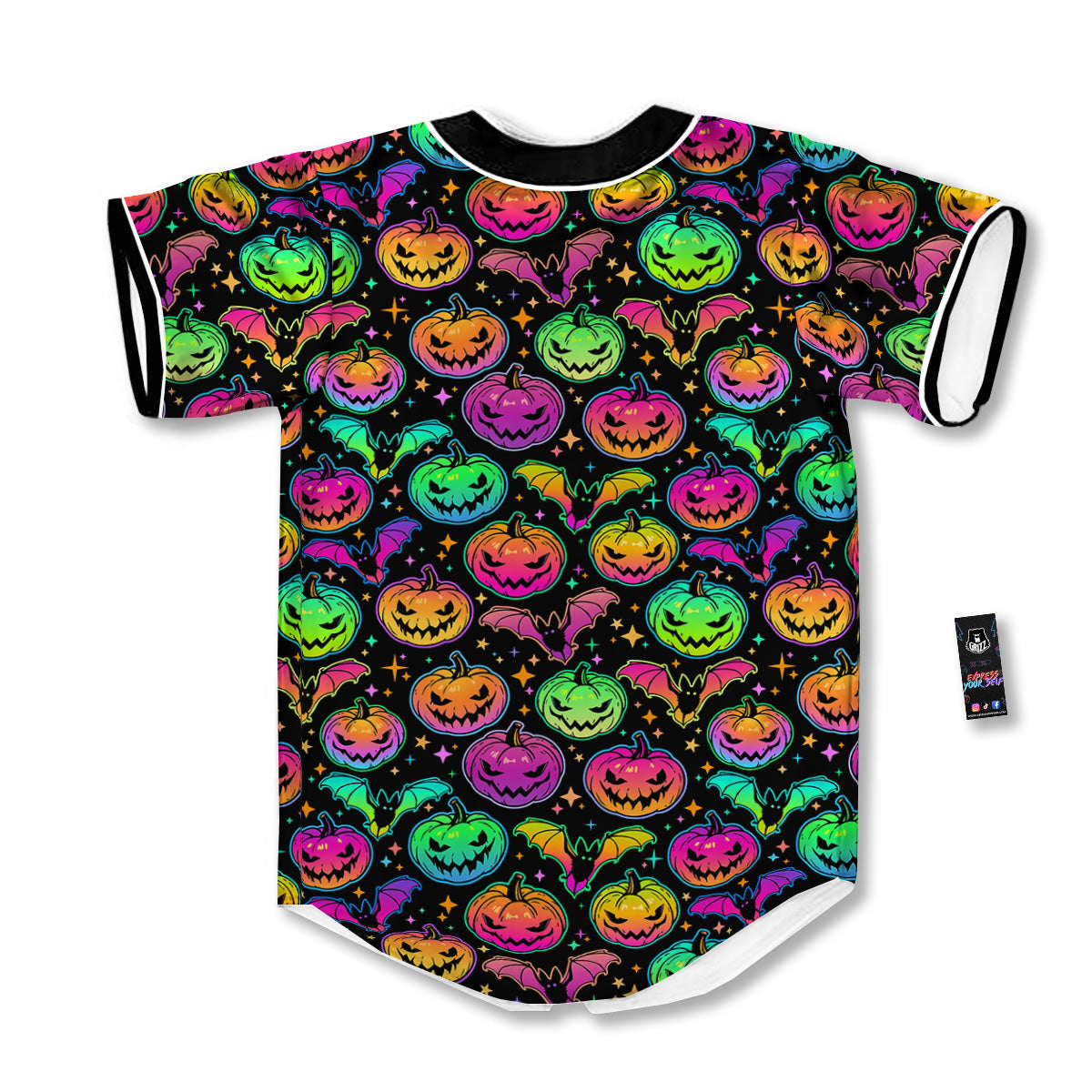 Neon Pumpkins And Bat Halloween Print Pattern Baseball Jersey-grizzshop