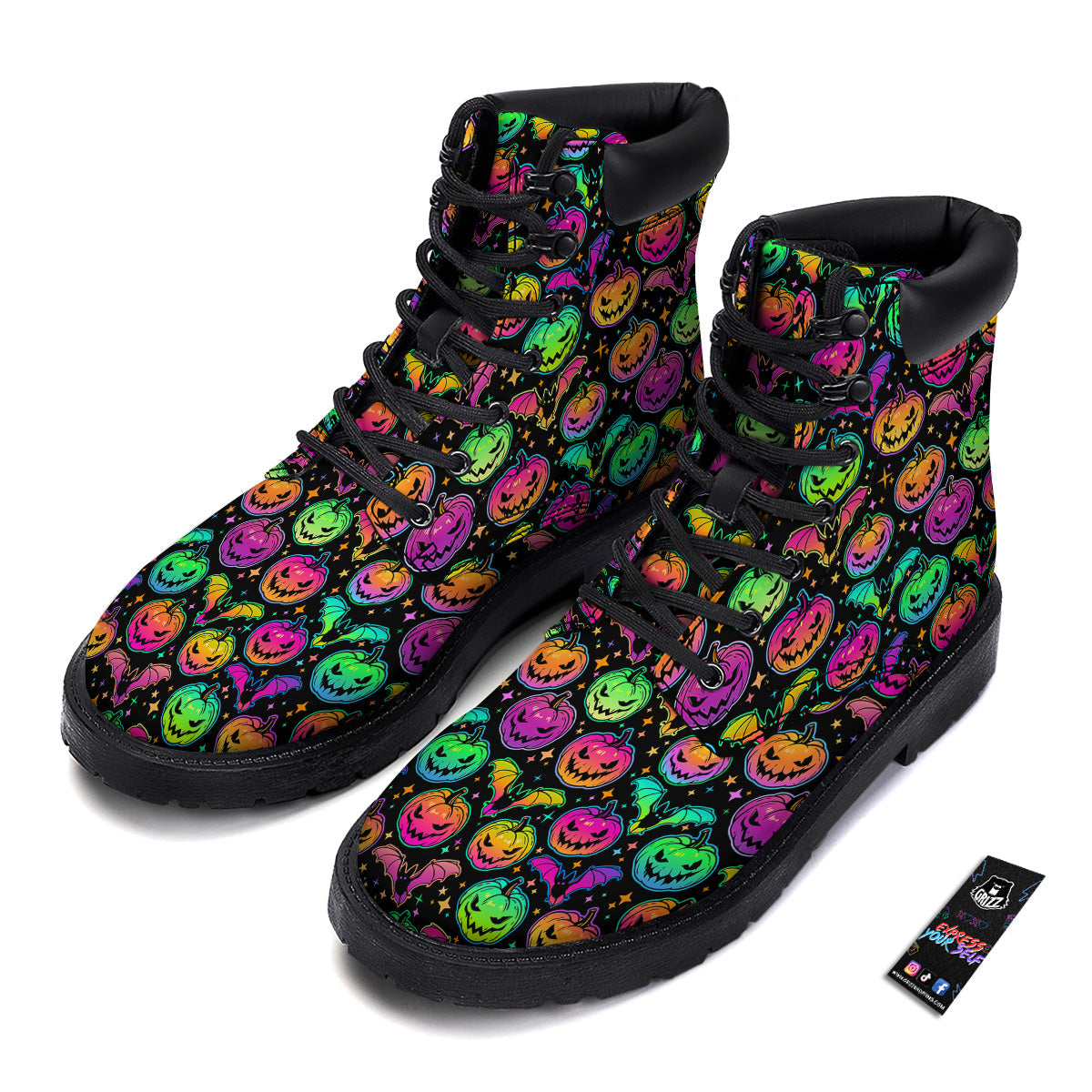 Neon Pumpkins And Bat Halloween Print Pattern Boots-grizzshop