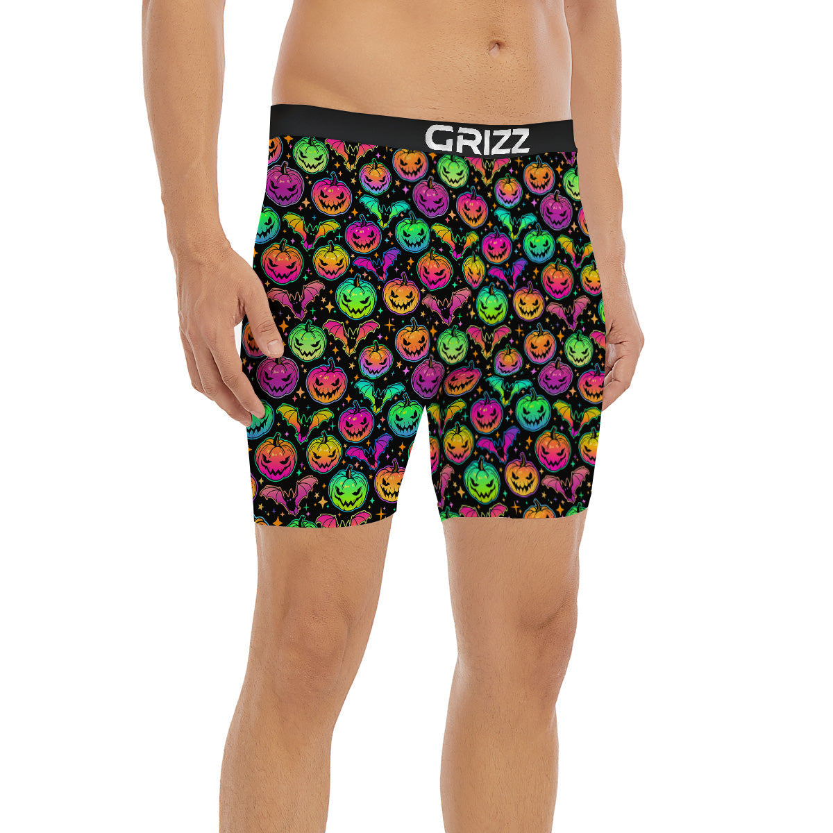 Neon Pumpkins And Bat Halloween Print Pattern Boxer Briefs-grizzshop