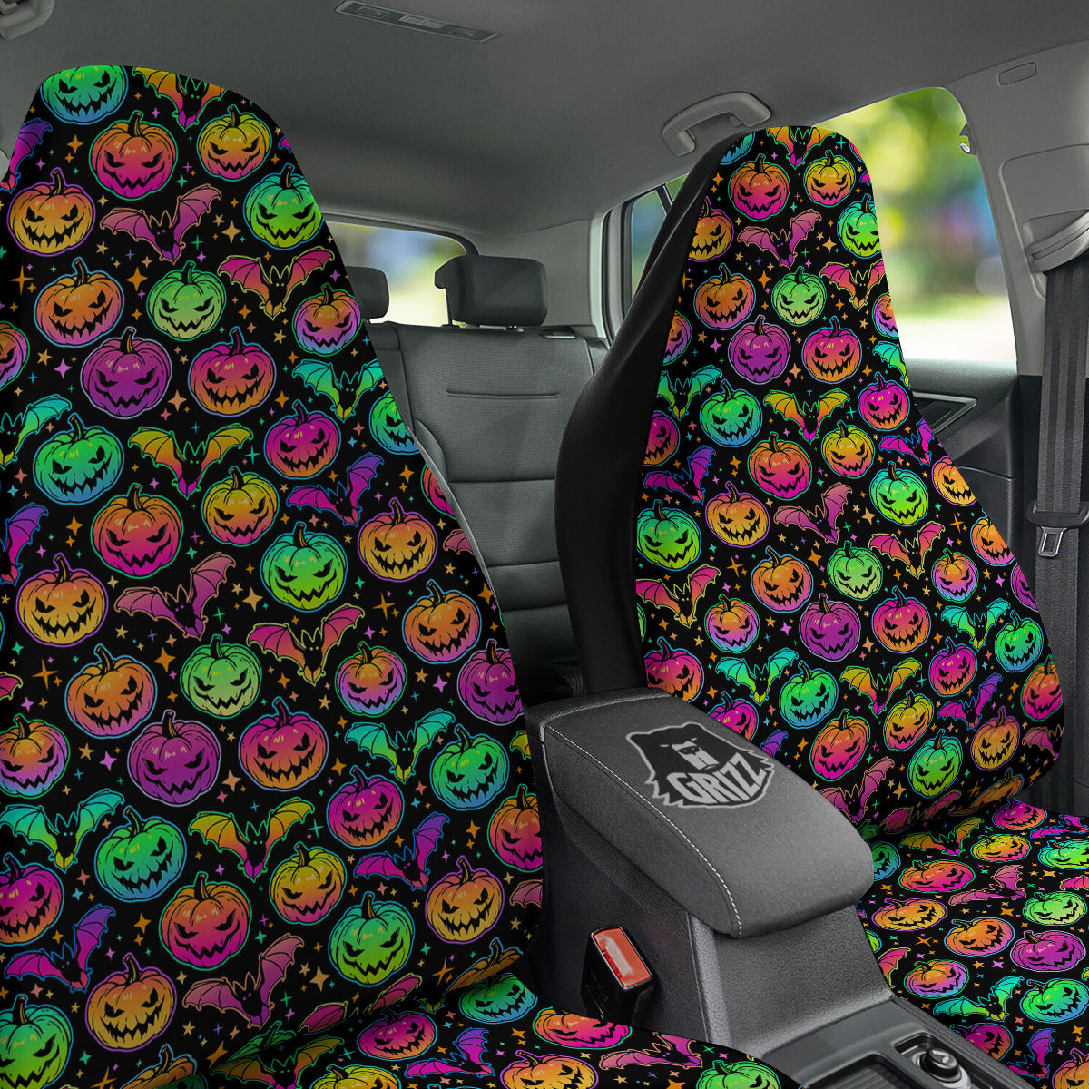 Neon Pumpkins And Bat Halloween Print Pattern Car Seat Covers-grizzshop