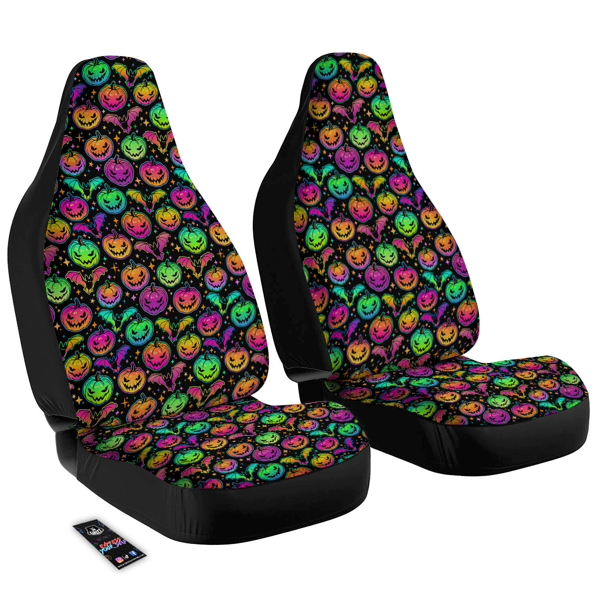 Neon Pumpkins And Bat Halloween Print Pattern Car Seat Covers-grizzshop