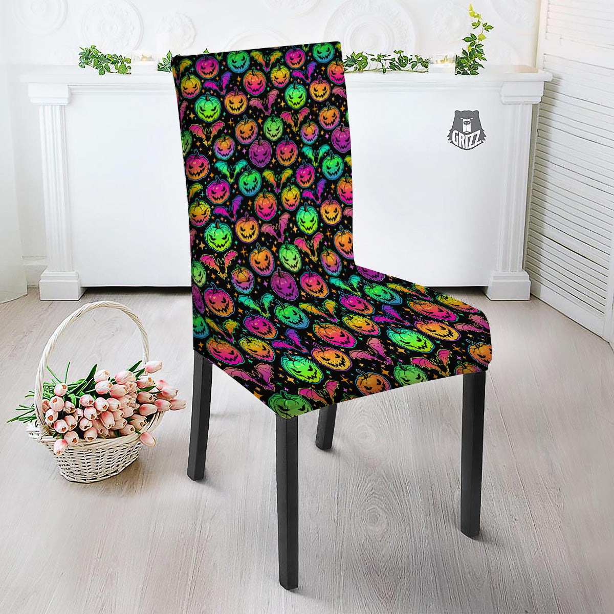 Neon Pumpkins And Bat Halloween Print Pattern Dining Chair Slipcover-grizzshop