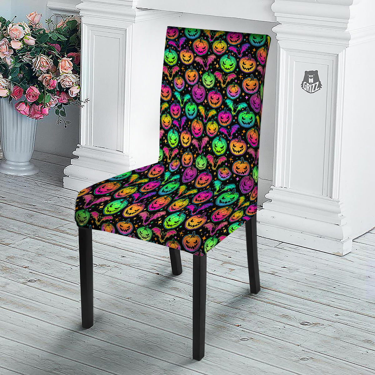 Neon Pumpkins And Bat Halloween Print Pattern Dining Chair Slipcover-grizzshop