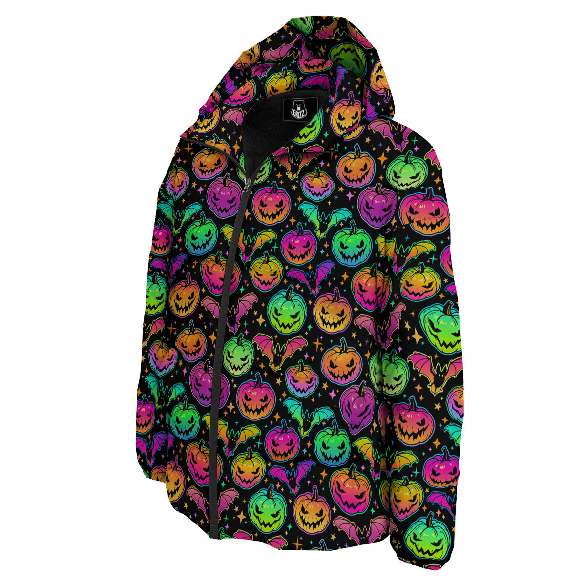 Neon Pumpkins And Bat Halloween Print Pattern Down Jacket-grizzshop