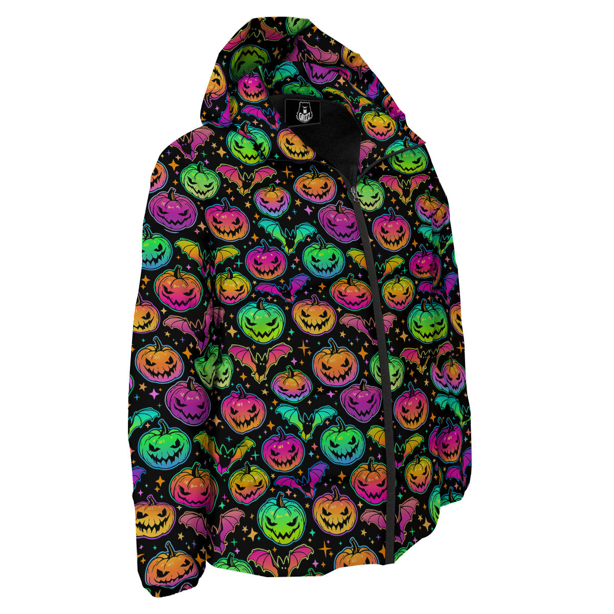 Neon Pumpkins And Bat Halloween Print Pattern Down Jacket-grizzshop