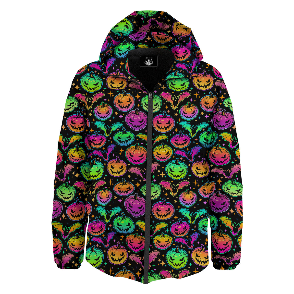 Neon Pumpkins And Bat Halloween Print Pattern Down Jacket-grizzshop