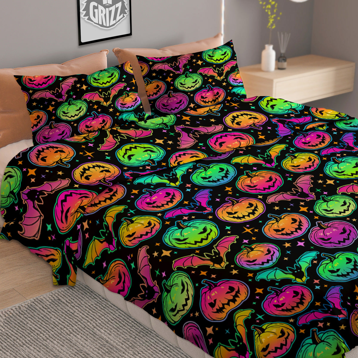 Neon Pumpkins And Bat Halloween Print Pattern Duvet Cover Bedding Set