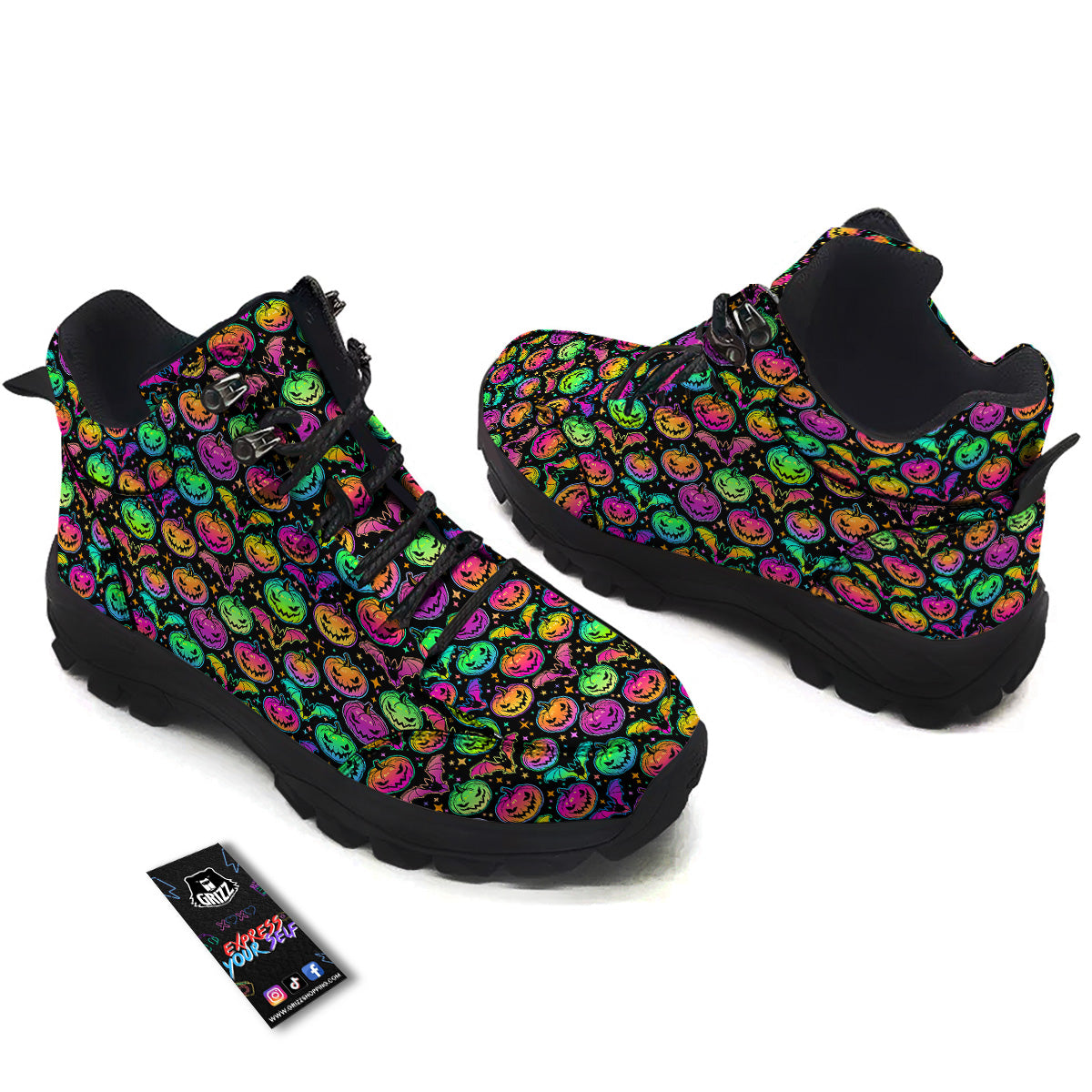 Neon Pumpkins And Bat Halloween Print Pattern Hiking Shoes-grizzshop