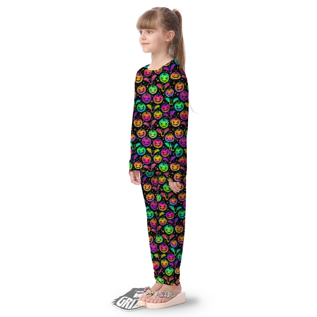 Neon Pumpkins And Bat Halloween Print Pattern Kid's Pajamas-grizzshop