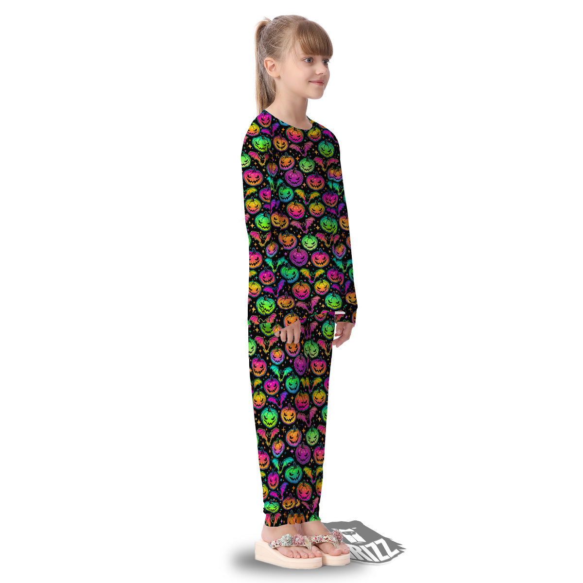 Neon Pumpkins And Bat Halloween Print Pattern Kid's Pajamas-grizzshop