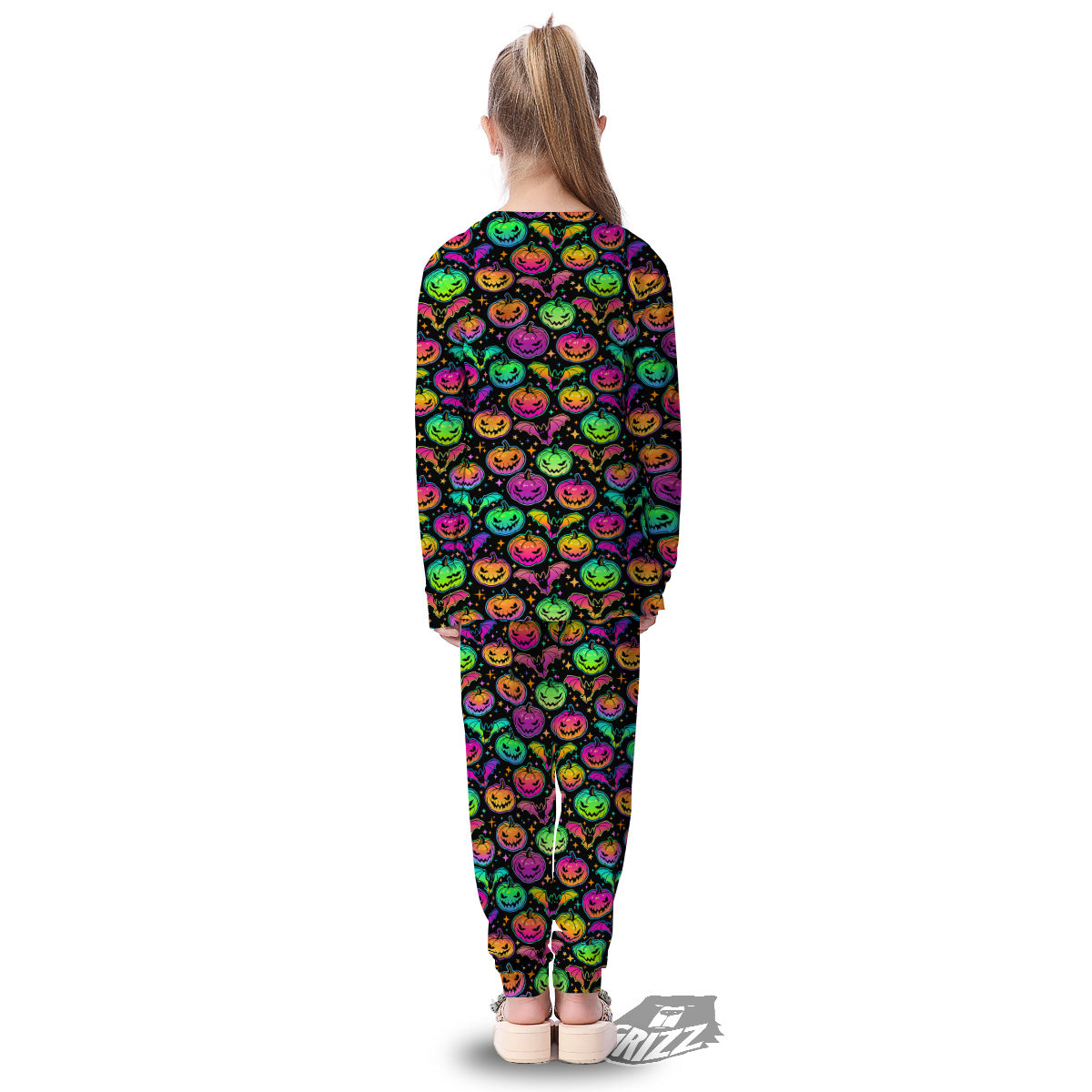 Neon Pumpkins And Bat Halloween Print Pattern Kid's Pajamas-grizzshop