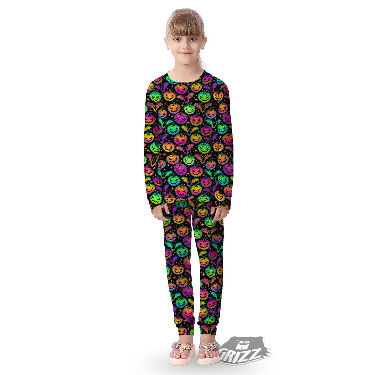 Neon Pumpkins And Bat Halloween Print Pattern Kid's Pajamas-grizzshop