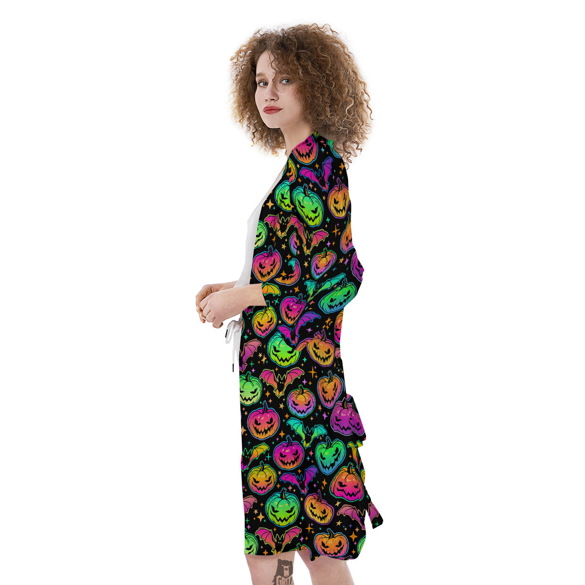 Neon Pumpkins And Bat Halloween Print Pattern Kimono-grizzshop