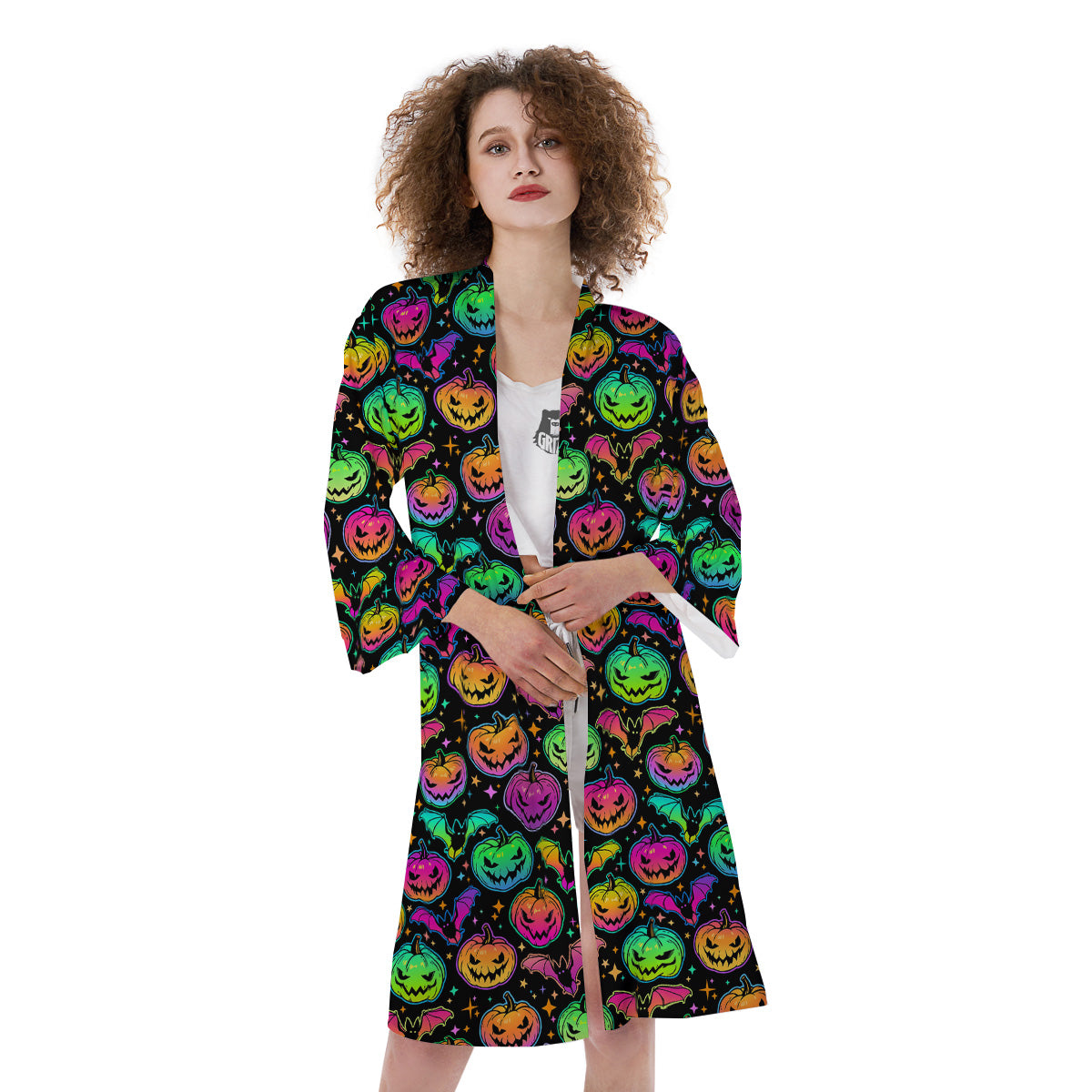 Neon Pumpkins And Bat Halloween Print Pattern Kimono-grizzshop