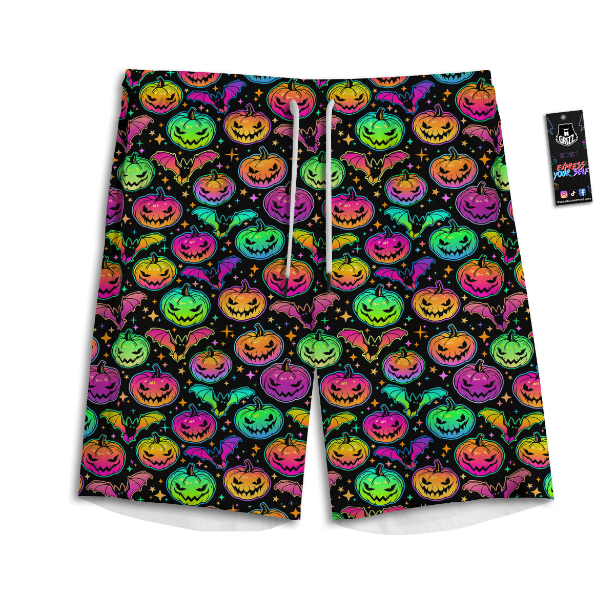 Neon Pumpkins And Bat Halloween Print Pattern Men's Athletic Shorts