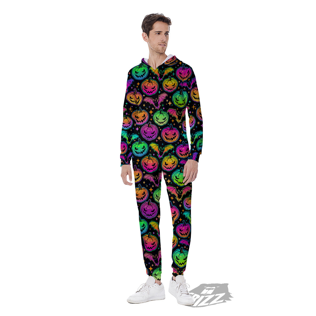 Neon Pumpkins And Bat Halloween Print Pattern Men's Jumpsuit-grizzshop