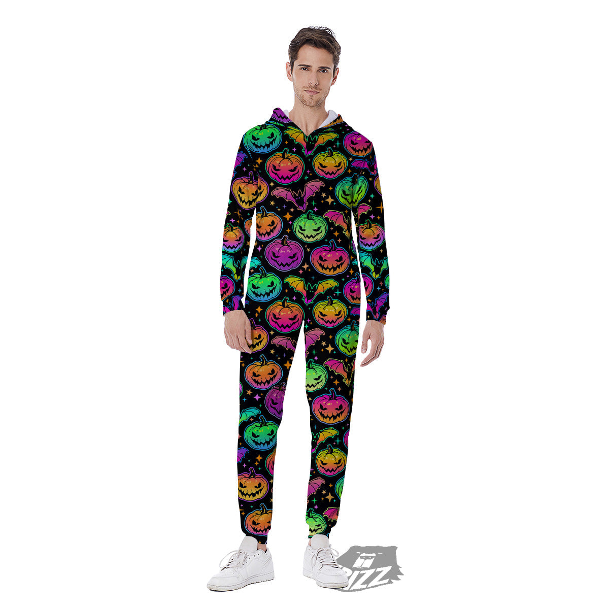 Neon Pumpkins And Bat Halloween Print Pattern Men's Jumpsuit-grizzshop