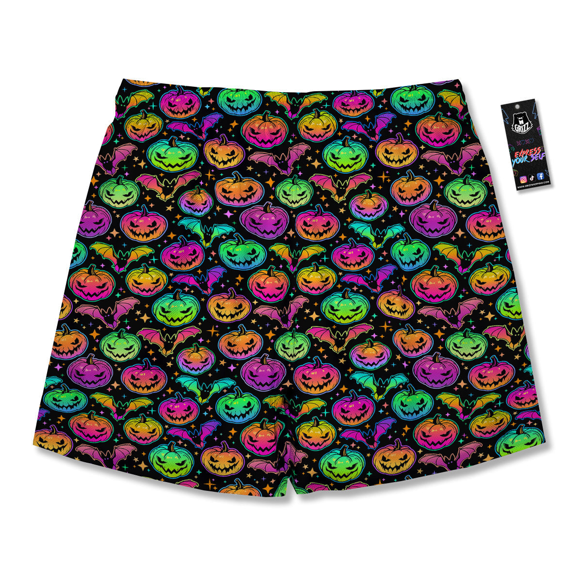 Neon Pumpkins And Bat Halloween Print Pattern Men's Running Shorts-grizzshop