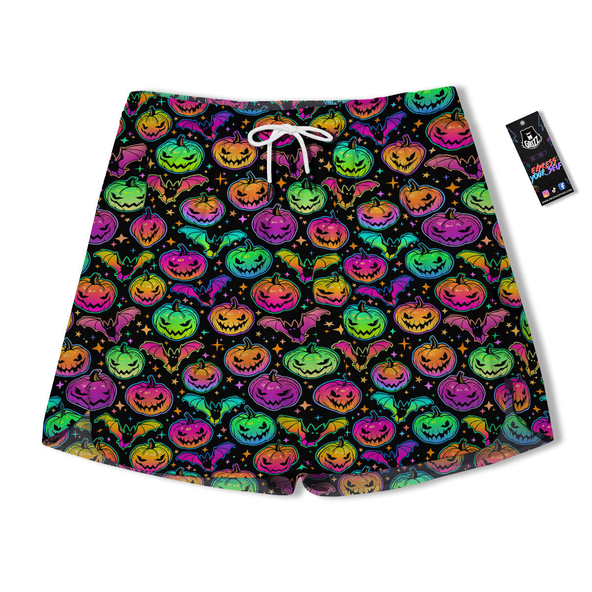 Neon Pumpkins And Bat Halloween Print Pattern Men's Running Shorts-grizzshop