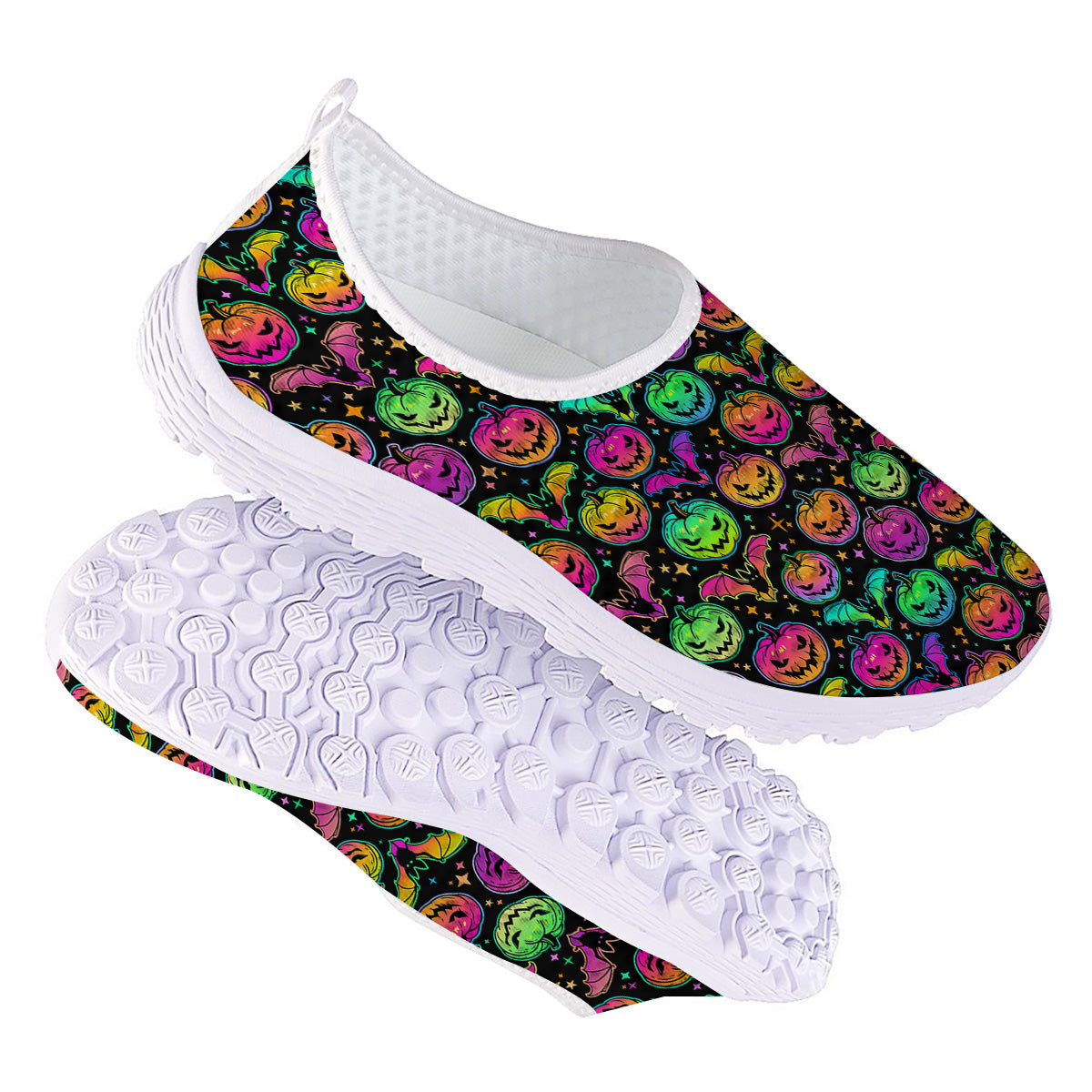 Neon Pumpkins And Bat Halloween Print Pattern Nurse Shoes-grizzshop