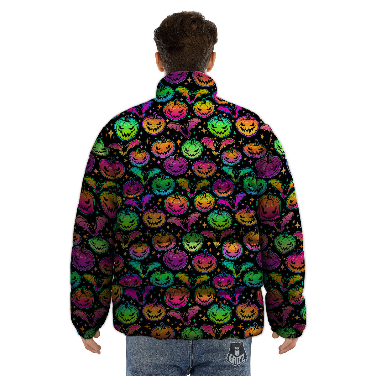 Neon Pumpkins And Bat Halloween Print Pattern Puffer Jacket-grizzshop