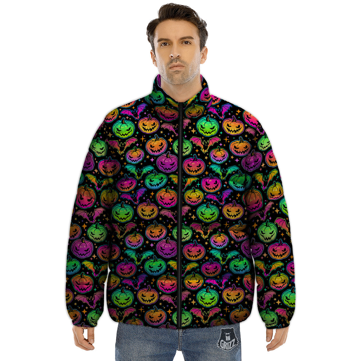Neon Pumpkins And Bat Halloween Print Pattern Puffer Jacket-grizzshop