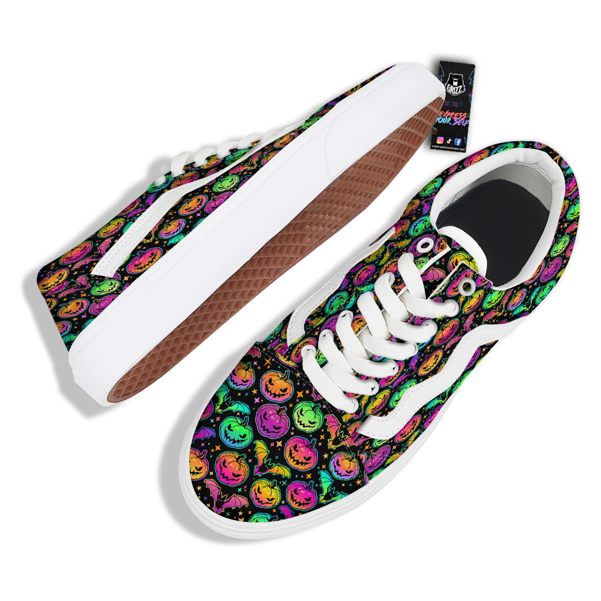 Neon Pumpkins And Bat Halloween Print Pattern Skate Shoes-grizzshop