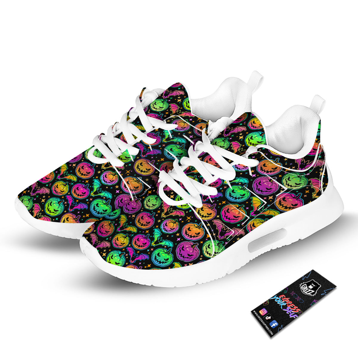 Neon Pumpkins And Bat Halloween Print Pattern Tennis Shoes-grizzshop