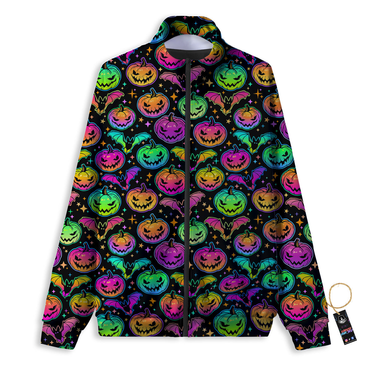 Neon Pumpkins And Bat Halloween Print Pattern Track Jacket-grizzshop