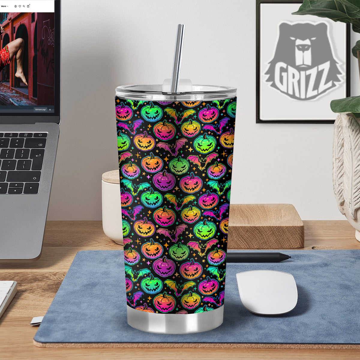 Neon Pumpkins And Bat Halloween Print Pattern Tumbler-grizzshop