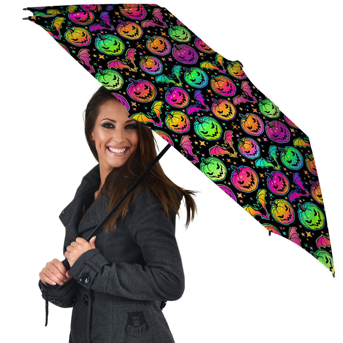 Neon Pumpkins And Bat Halloween Print Pattern Umbrella-grizzshop