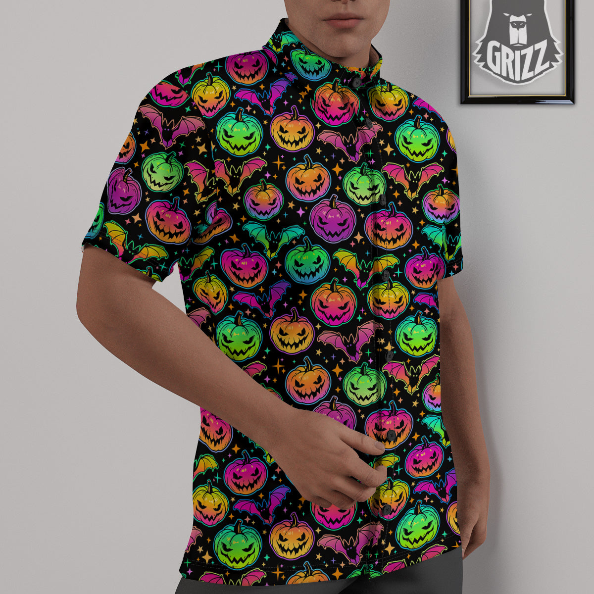 Neon Pumpkins And Bat Halloween Print Pattern Untucked Shirts-grizzshop