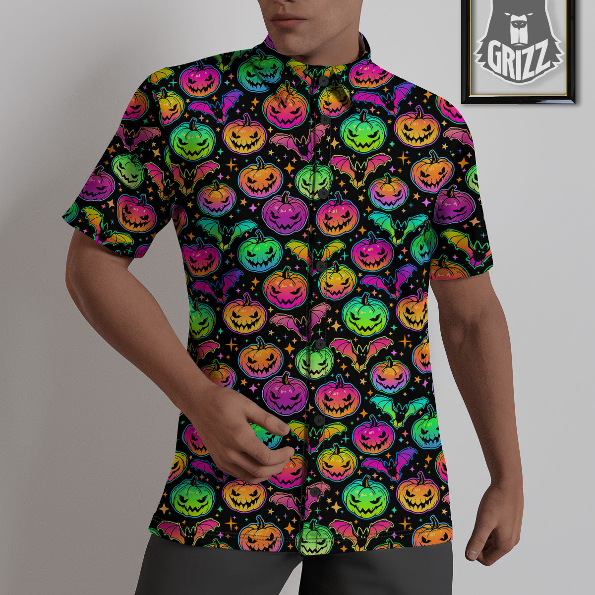 Neon Pumpkins And Bat Halloween Print Pattern Untucked Shirts-grizzshop