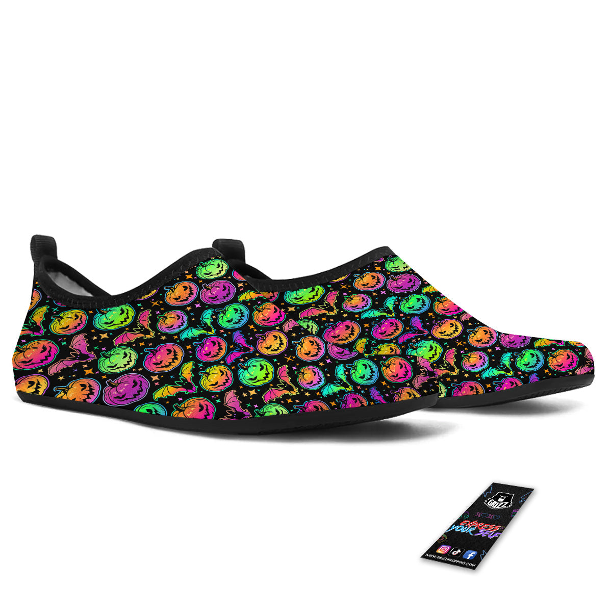 Neon Pumpkins And Bat Halloween Print Pattern Water Shoes-grizzshop
