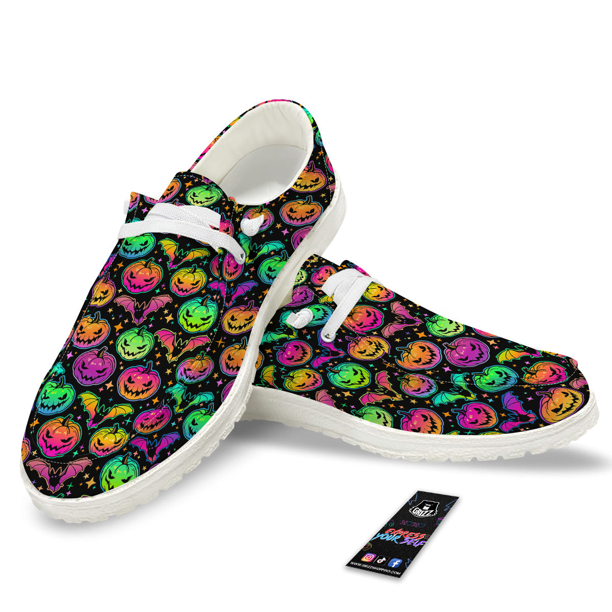 Neon Pumpkins And Bat Halloween Print Pattern White Loafers-grizzshop