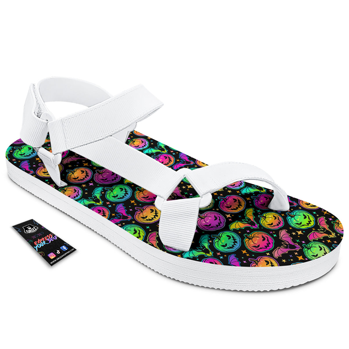 Neon Pumpkins And Bat Halloween Print Pattern White Open Toe Sandals-grizzshop