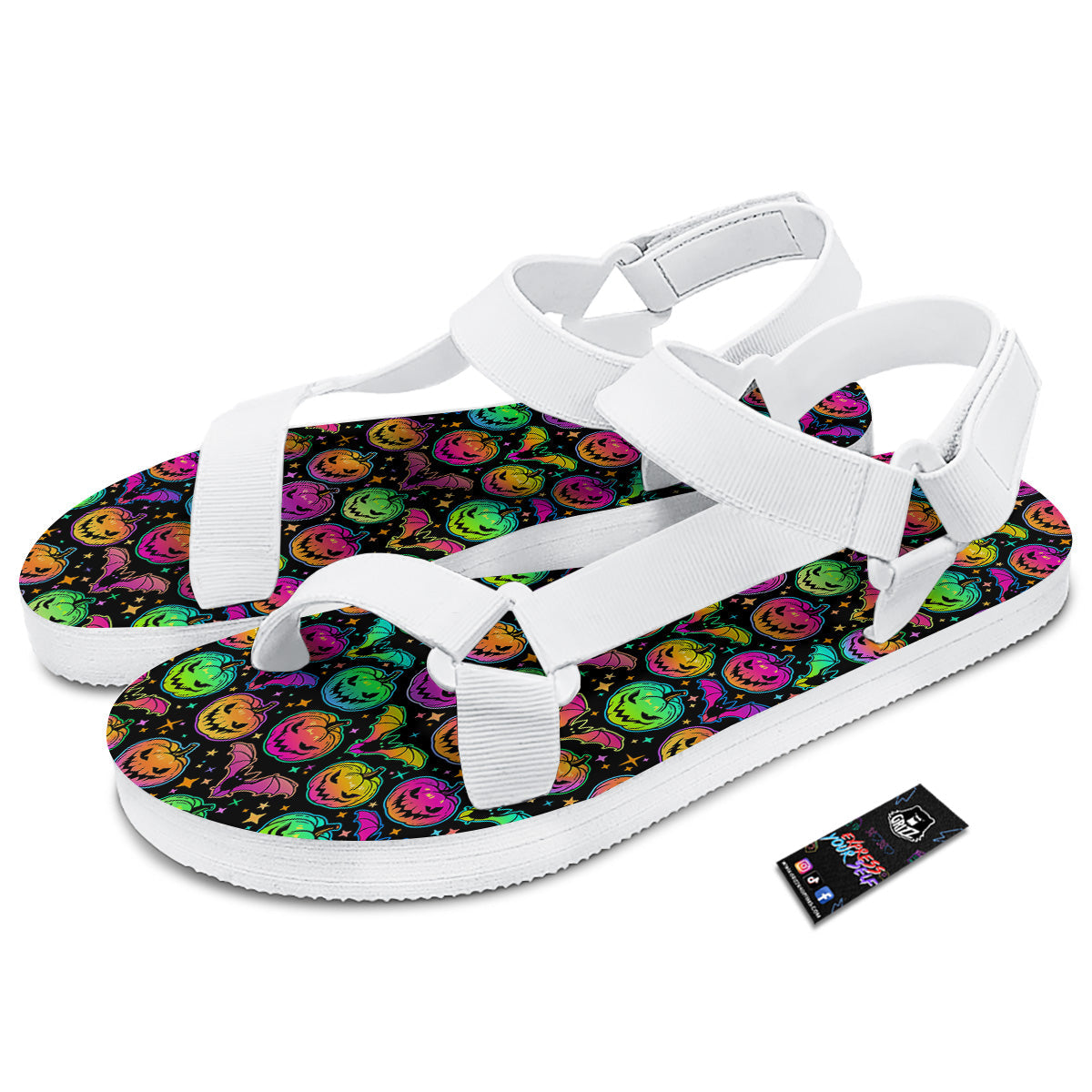 Neon Pumpkins And Bat Halloween Print Pattern White Open Toe Sandals-grizzshop