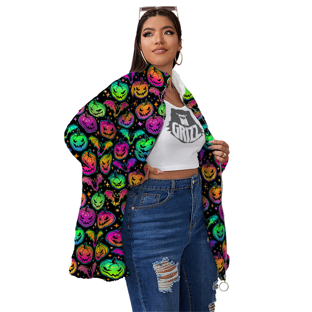 Neon Pumpkins And Bat Halloween Print Pattern Women's Sherpa Jacket-grizzshop