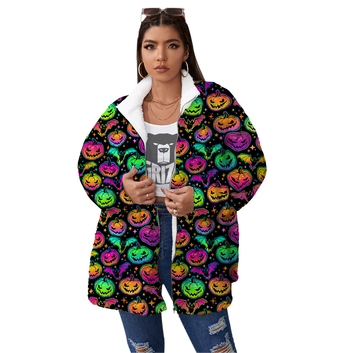 Neon Pumpkins And Bat Halloween Print Pattern Women's Sherpa Jacket-grizzshop