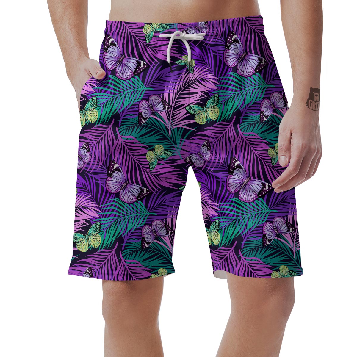 Neon Purple Tropical Palm Tree Butterfly Print Men's Shorts-grizzshop