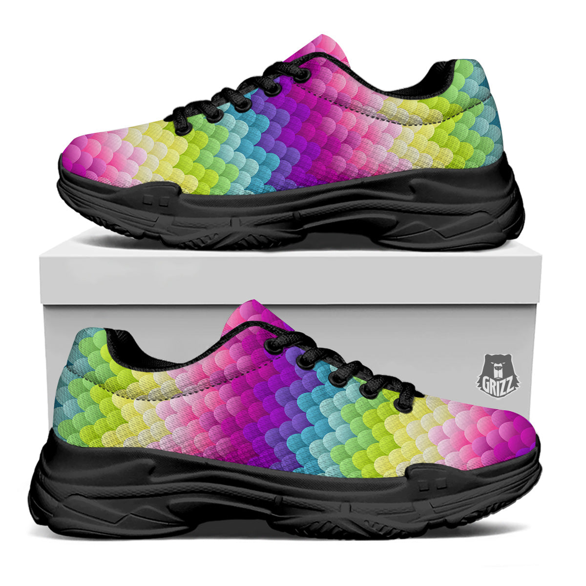 Neon Rainbow Light Blobs Print Pattern Black Chunky Shoes-grizzshop